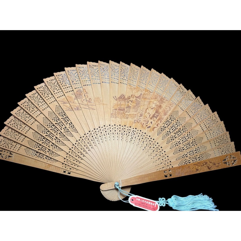 Republic of China tag Vintage Hand Carved Wooden Folding Hand Fan with Asian Lan